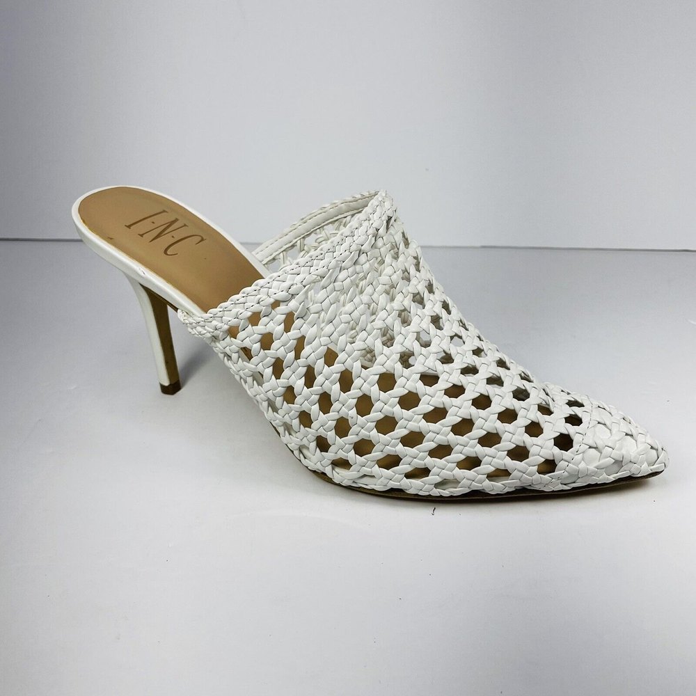 INC Celestia Pointed Toe Stiletto Slip On Heeled Mules Shoes White